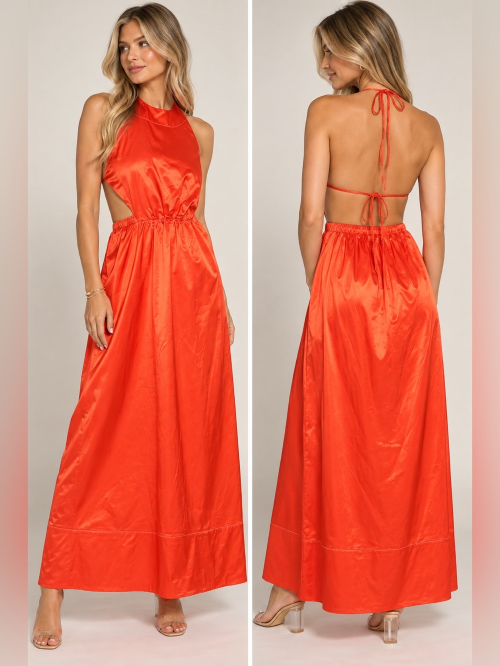 STAUD Women’s Small Red Sidney Halter Satin Maxi Dress